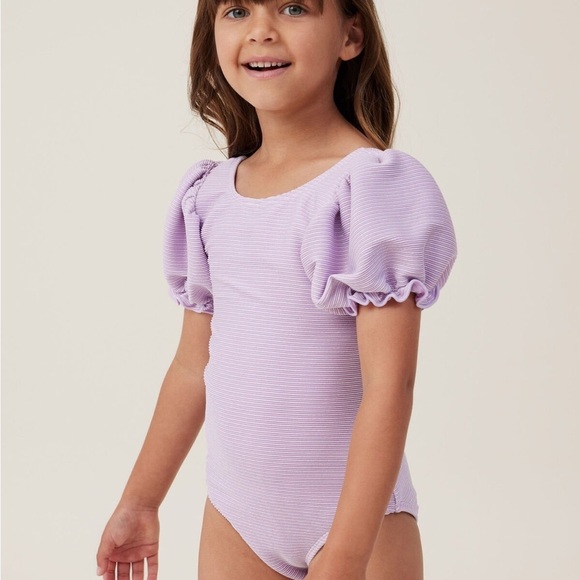 Cotton On Girls Puff Sleeve One Piece Swimsuit in Sparkly Purple - Size 8 - Picture 5 of 7